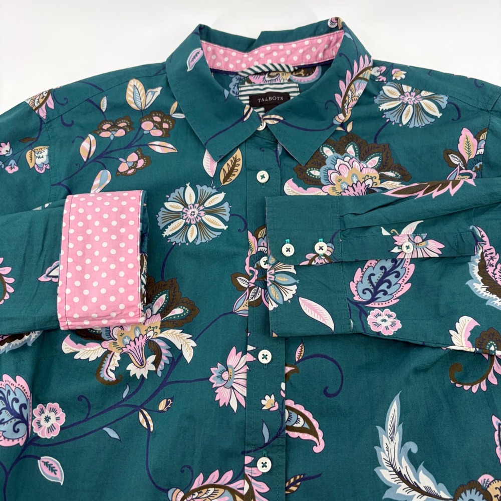 Talbots Womens Teal Green Floral Paisley Cotton Button Down Shirt Large VN5720